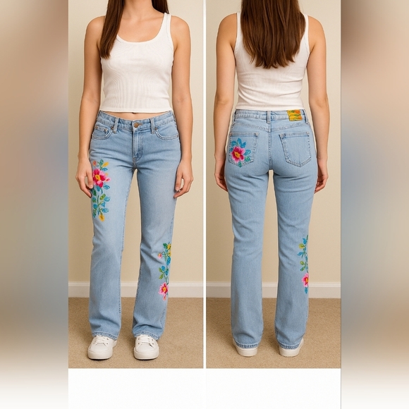 Vintage Y2K LTB Floral Eclectic Boho Embroidered Low Rise Flare Leg Jeans, Sz 9 - Picture 1 of 6